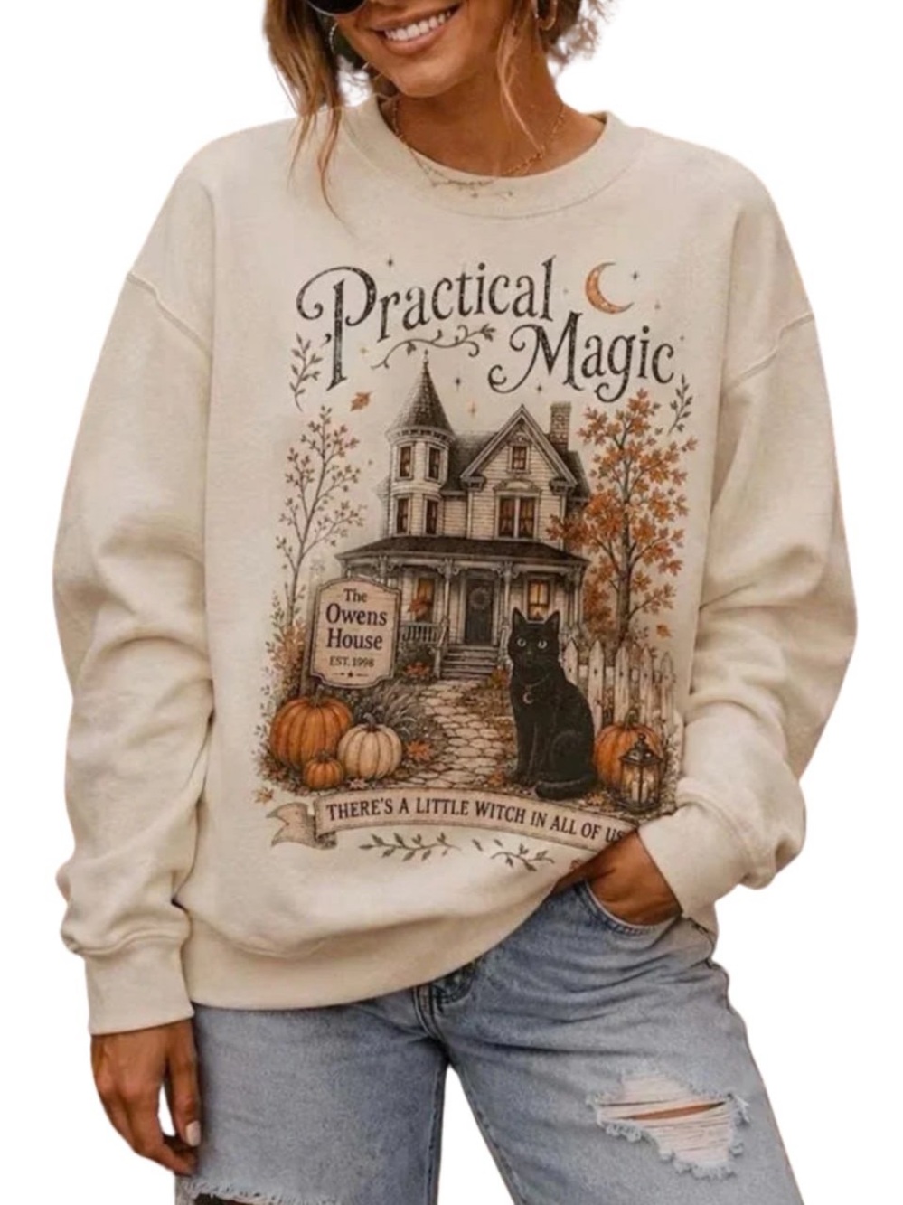 Sand Practical Magic House & Cat Graphic Sweatshirt